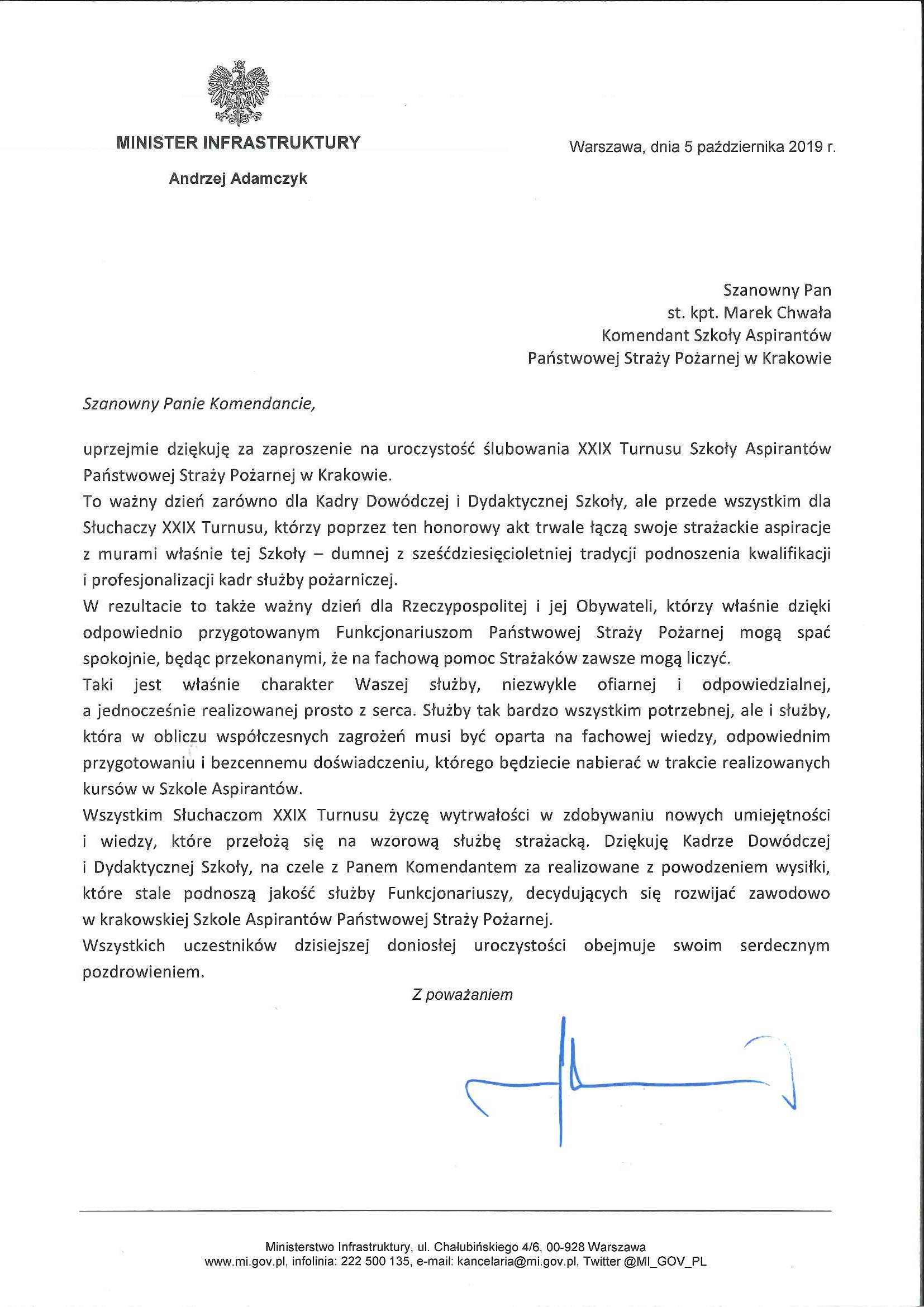 05.10.2019 Adres Ministra Infrastruktury Ślubowanie