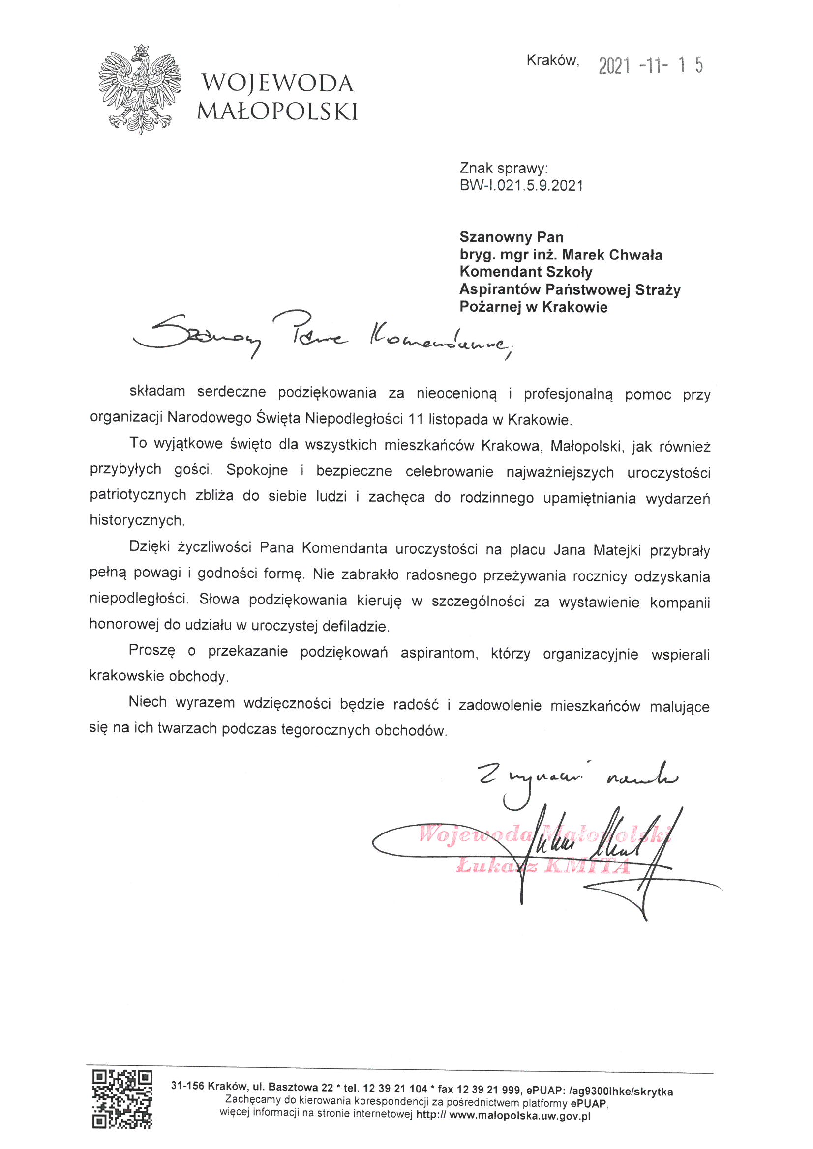 11.11.2021 Podziękowania od Wojewody Małopolskiego