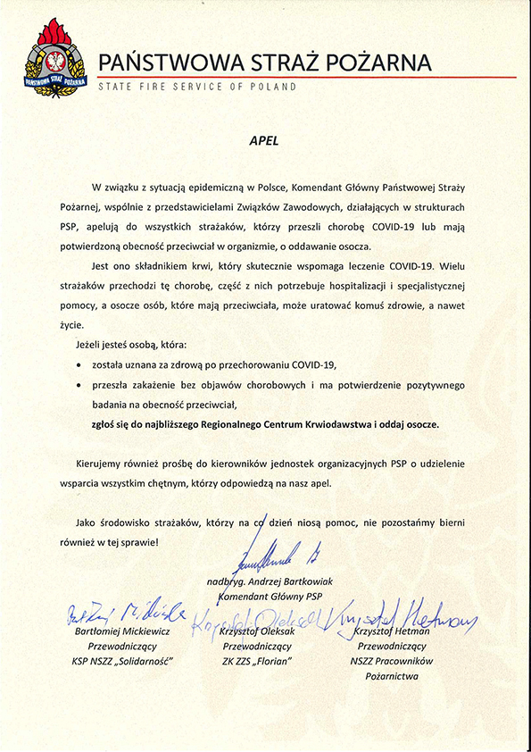 Apel KG PSP w sprawie osocza ozdrowieńców SARS CoV 2