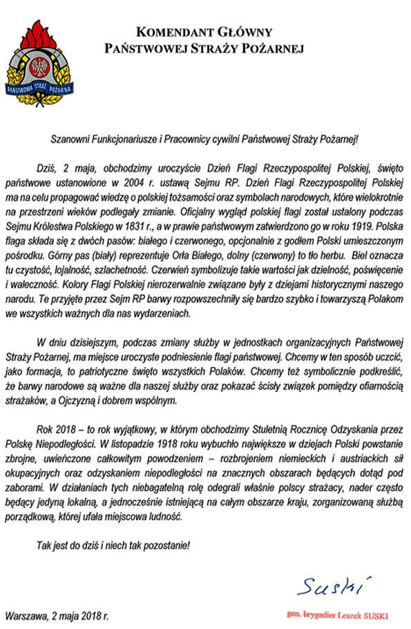 Dzień Flagi RP list KG PSP 02 05 2018r