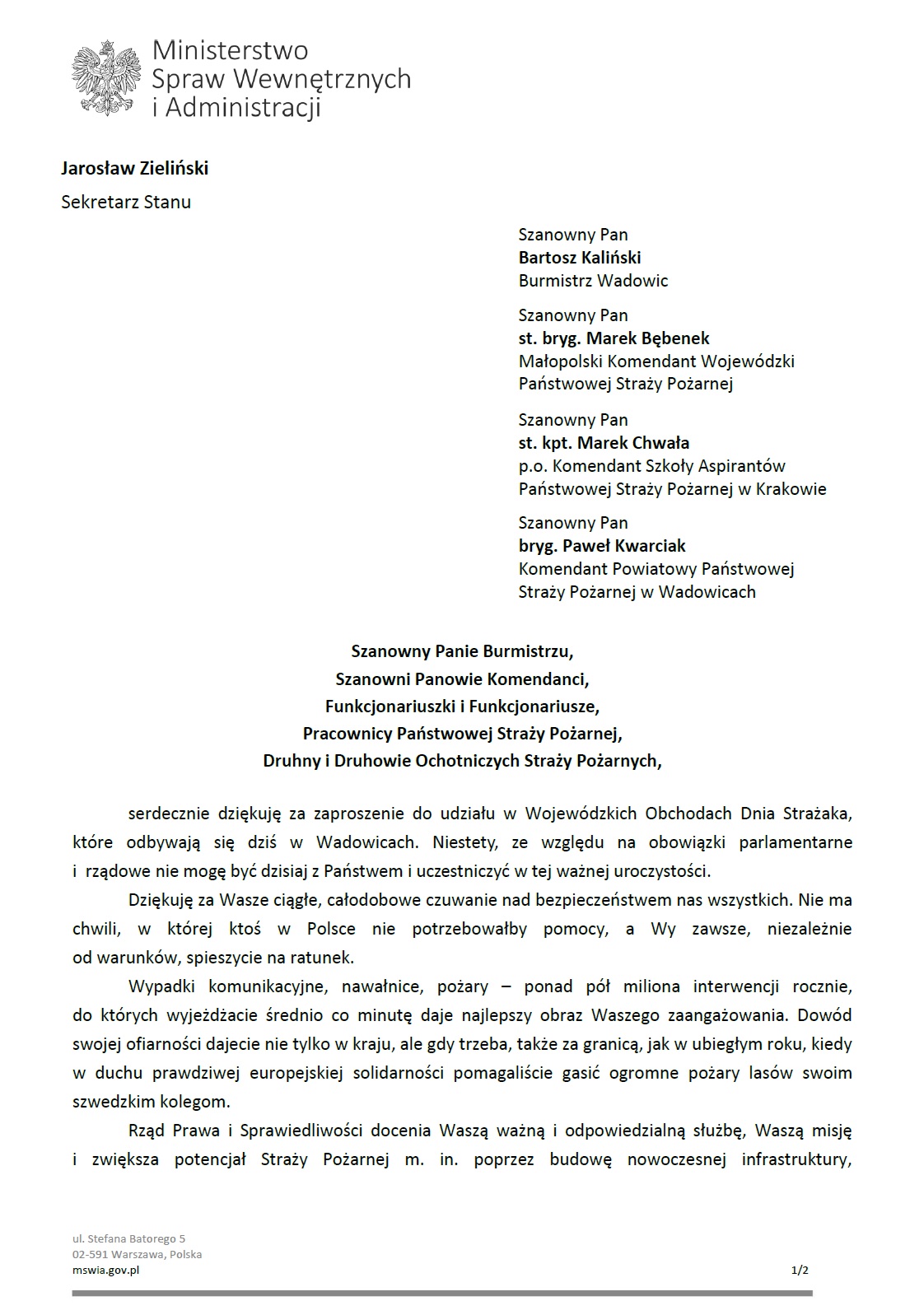 List Pana Ministra Jarosława Zielińskiego przygotowany z okazji Wojewódzkich Obchodów Dnia Strażaka w Wadowicach cz