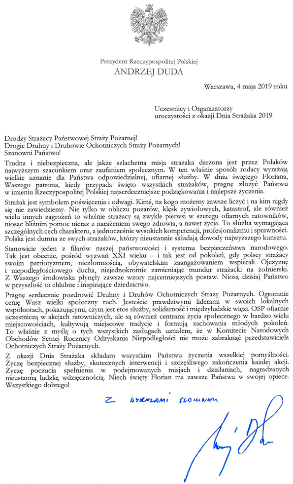 zyczenia prezydenta RP 30.04.2019