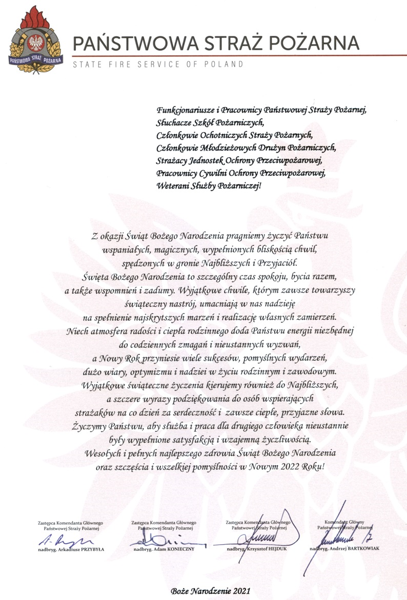 Życzenia KG PSP grudzień 2021