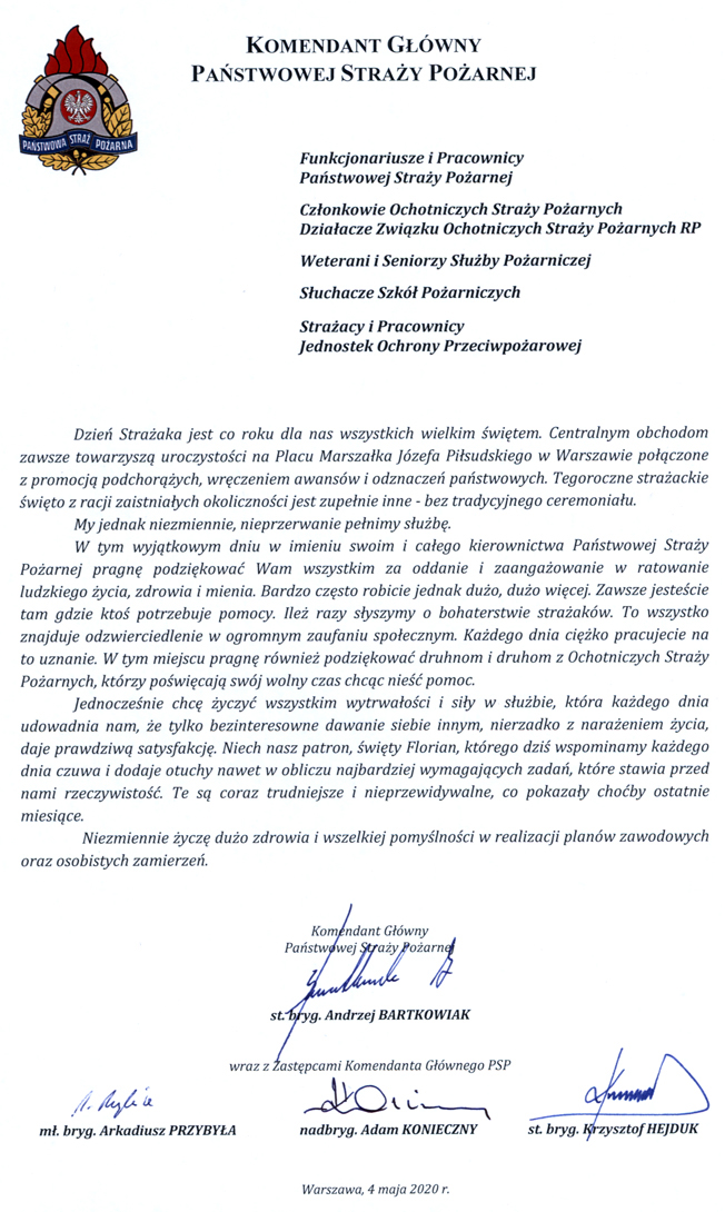 życzenia KG PSP Dzień Strażaka 2020