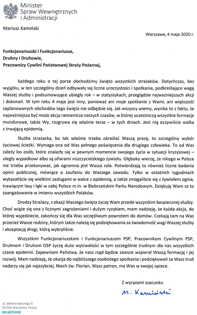 życzenia MSWiA Dzień Strażaka 2020